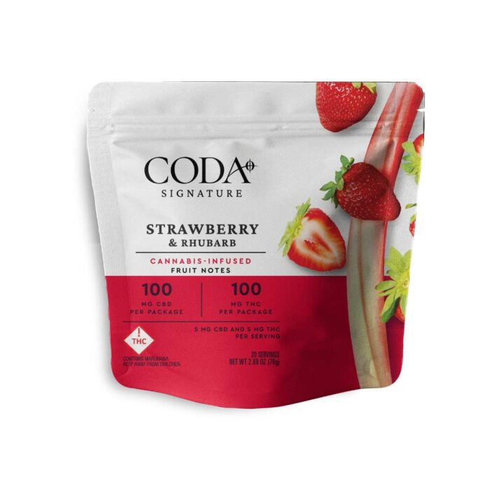 product_3437ec83-d73f-46eb-8b9e-592d4e0e2ab1 Coda Fruit Notes 1:1 CBD:THC Strawberry & Rhubarb 100mg - Image 1