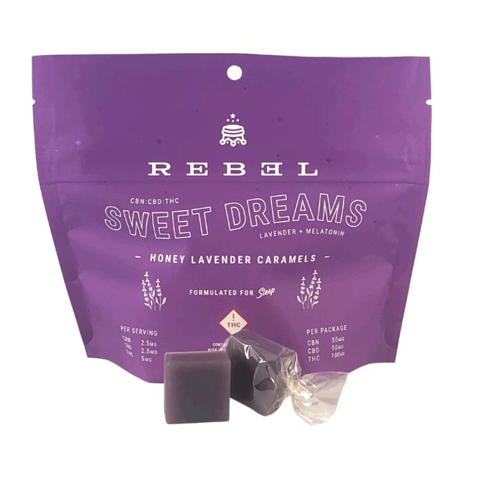 Rebel Chews Sweet Dreams 1:1:2 Honey Lavender Caramel CBN:CBD:THC 100mg - Image 1