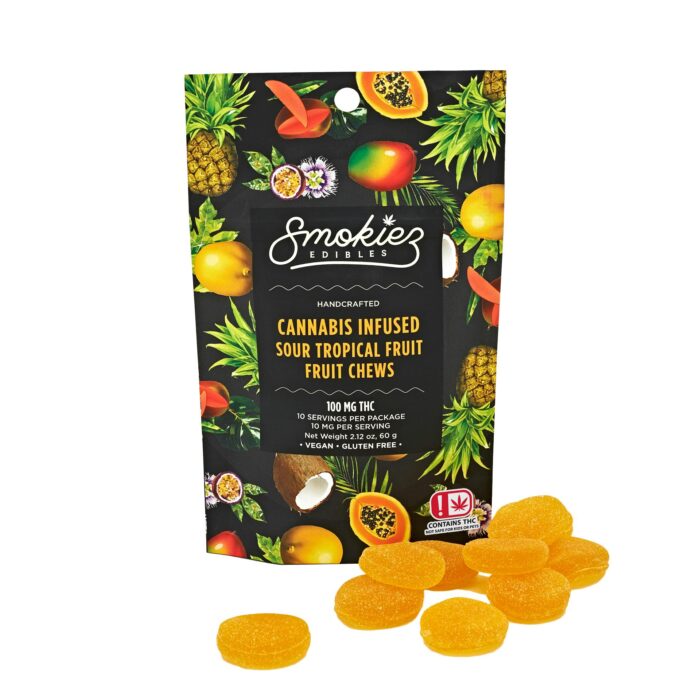 product_d46299eb-9ca6-49ed-9f55-55859cc4596a Smokiez Chews Sativa Sour Tropical 100mg - Image 1