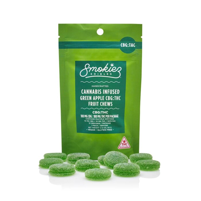 Smokiez Chews 1:1 CBG:THC Green Apple 100mg - Image 1