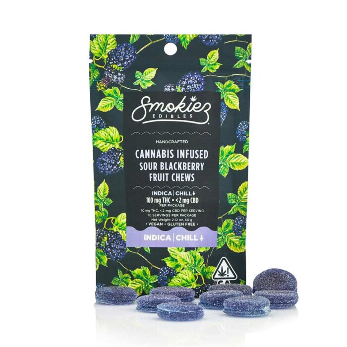 Smokiez Chews Indica Sour Blackberry 100mg - Image 1