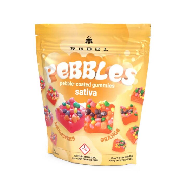 product_54aa011c-4cf0-4105-b0f7-463a383a3595 Rebel Pebbles Gummies Sativa Strawberry Orange 100mg - Image 1