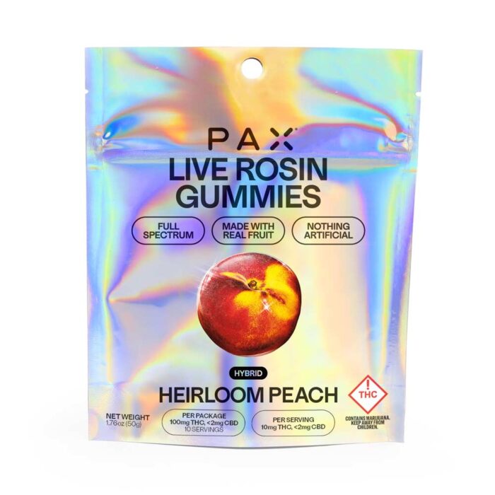 product_7d3cceaf-848f-4b01-a40e-c75f711a6bfc Pax Live Rosin Gummies Hybrid Heirloom Peach 100mg - Image 1